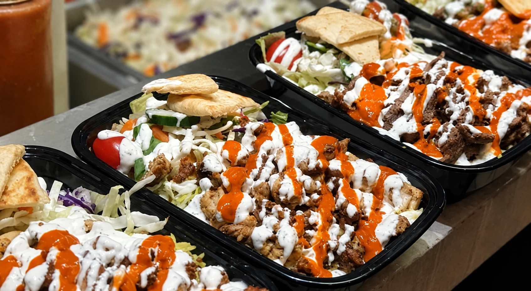 Rice, salad and pita meals prepared in the Box’d Kitchen restaurant