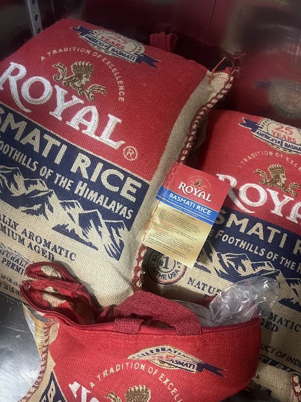 Bags of basmati rice in the Box’d Kitchen pantry