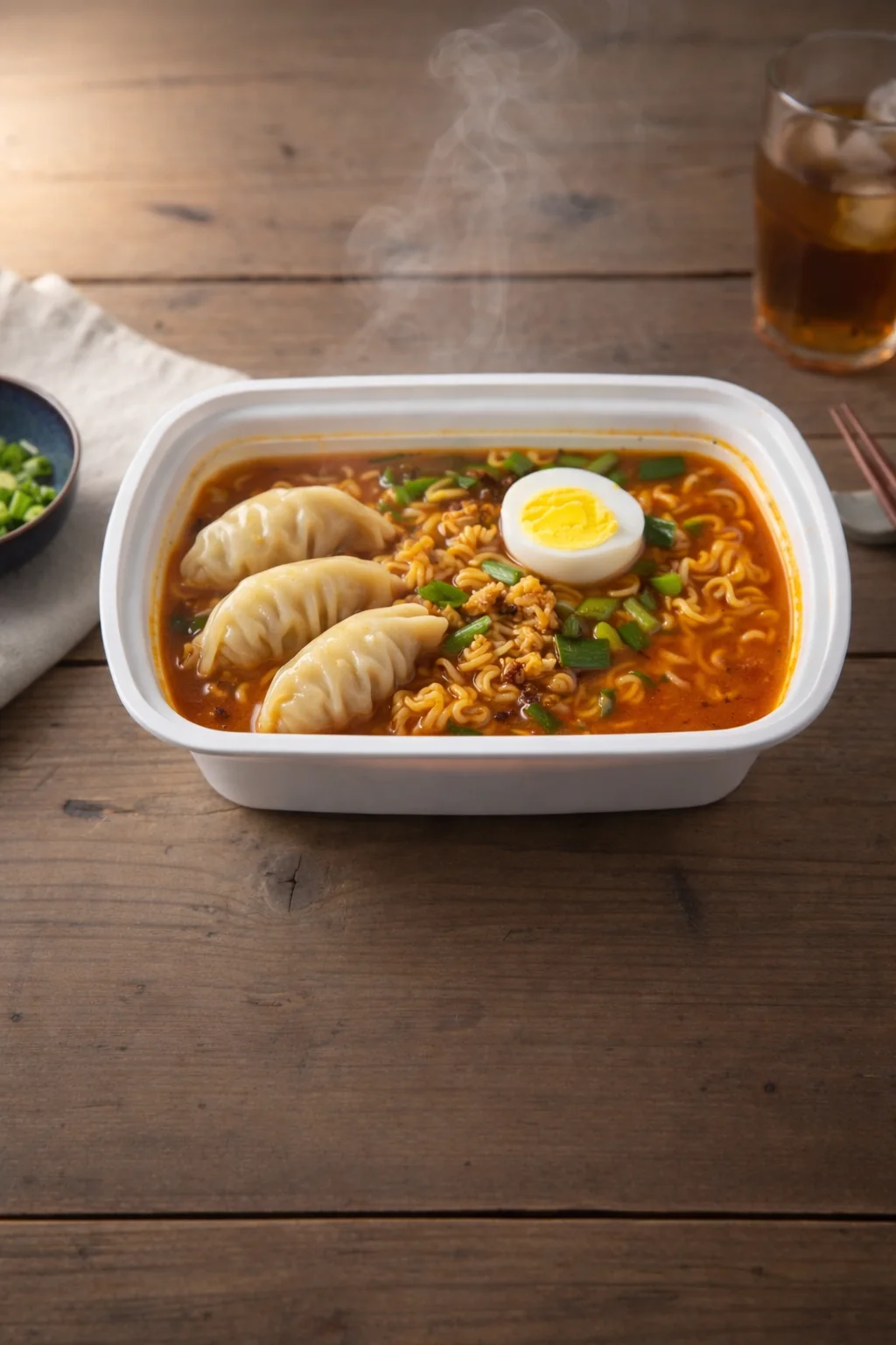 K-Spicy Dumpling Ramen with three pork and vegetable dumplings