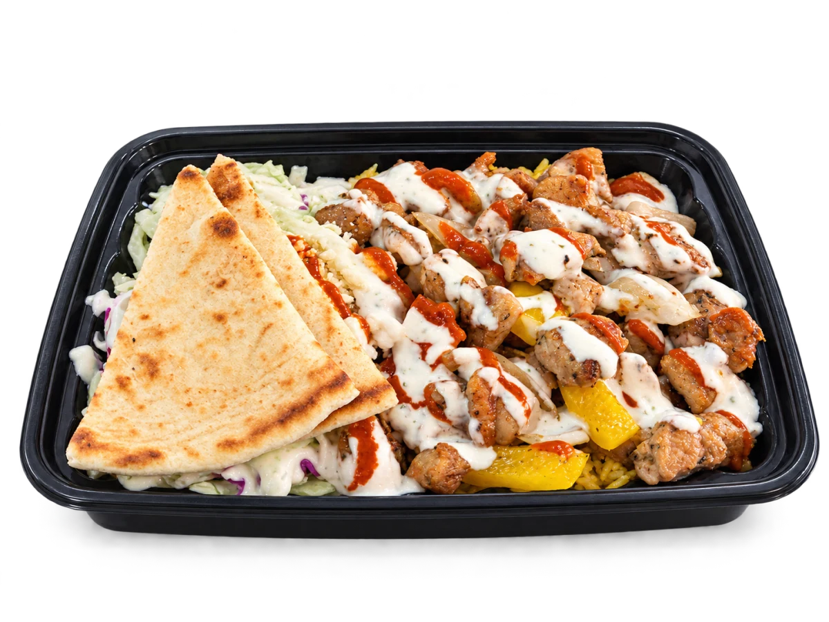 Grilled chicken with white and red sauces, rice, salad and pita in a whole Box’d Kitchen takeaway tray