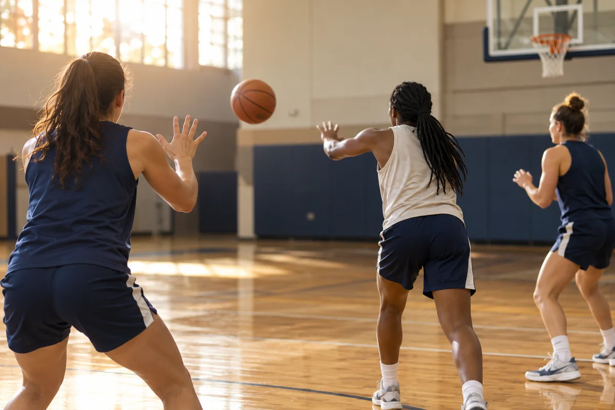 Basketball teammates practicing passes in a sunlit gym — illustrative image