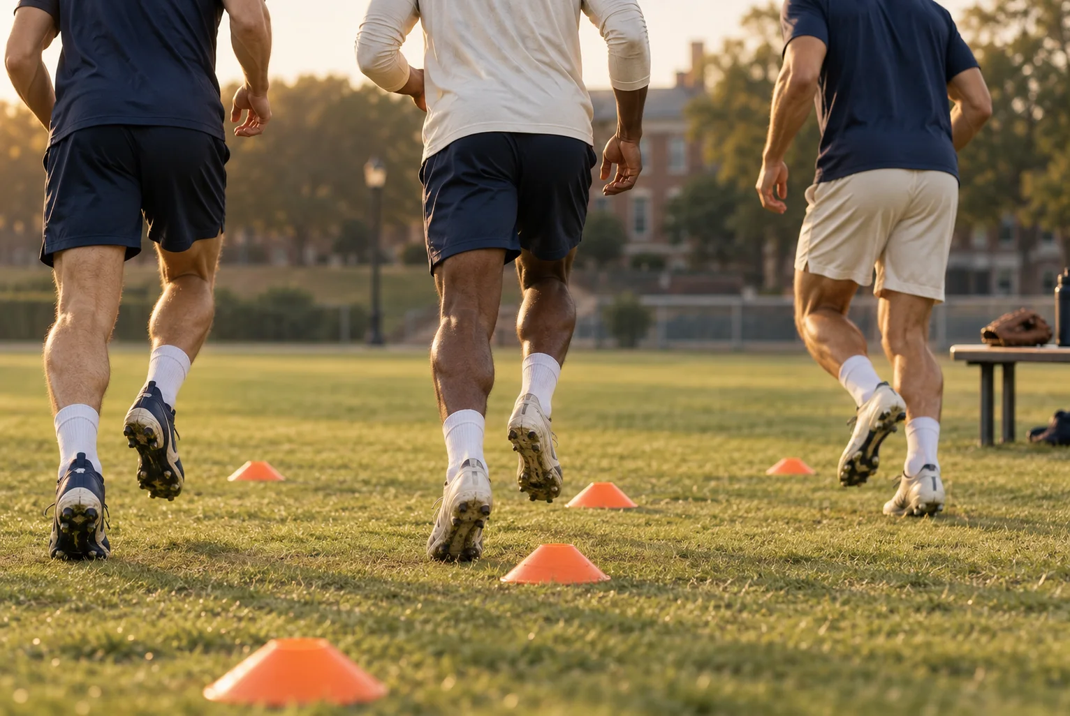 College athletes running through training cones, with no faces visible